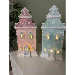 Pink & Blue Light Up Victorian Gingerbread House pastel x two 2 HTF VIRAL